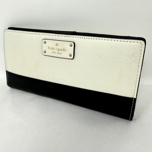 Kate Spade Wellesley Sim Bifold Wallet WLRU2816 Beige Black Leather Designer NEW - Picture 1 of 10